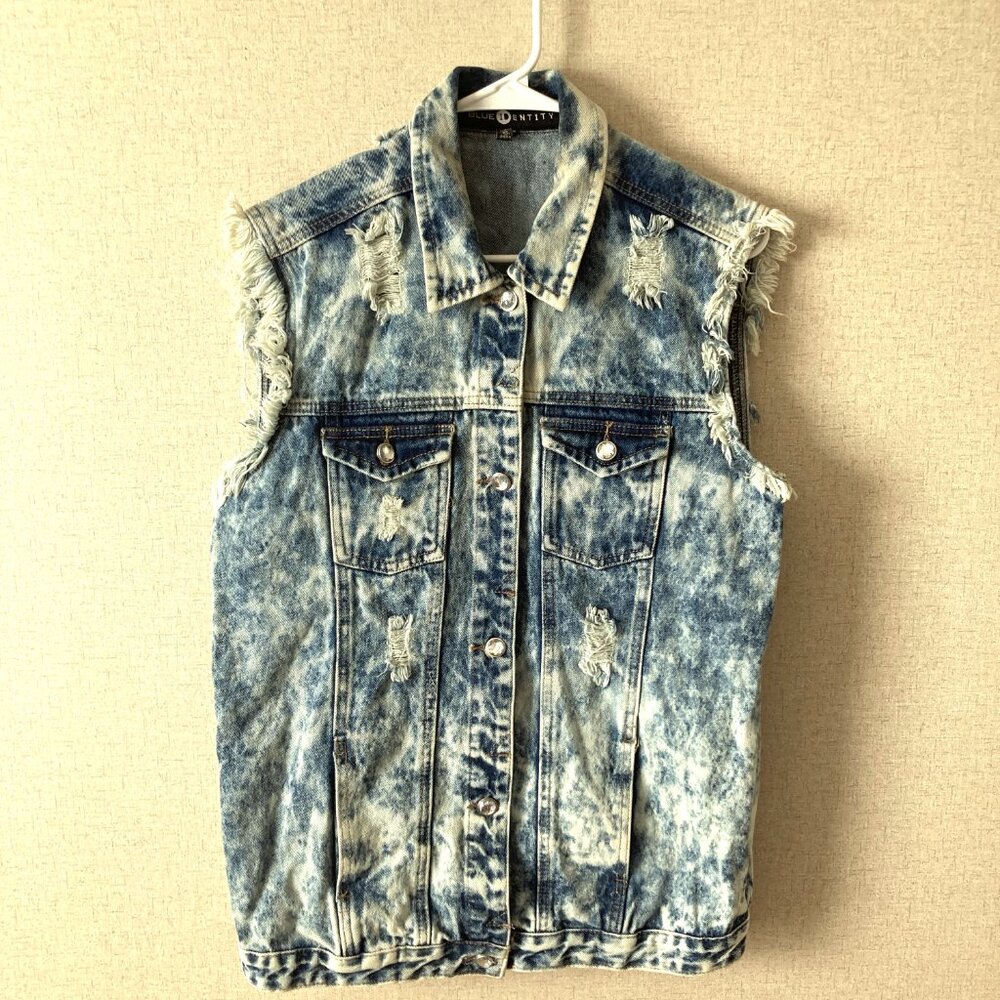 Blue Identity Distressed Stone- Washed Denim Vest XL/Rhinestone Buttons/ Western